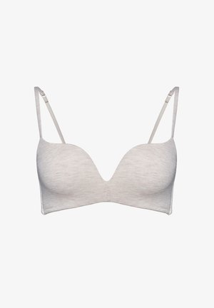 Jasnoszary wyściełany biustonosz z regulowanymi cienkimi ramiączkami i głębokim dekoltem w kształcie litery V z przodu, zapewniający lepsze wsparcie i modelowanie.