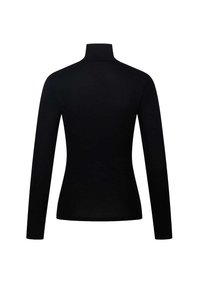 Black, long-sleeve turtleneck top, made of a smooth, stretchy fabric. Features a high collar and fitted silhouette, with no visible patterns or embellishments.