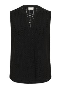 Haut noir sans manches en tissu texturé à œillets avec motifs en losange, col en V et ourlet incurvé.