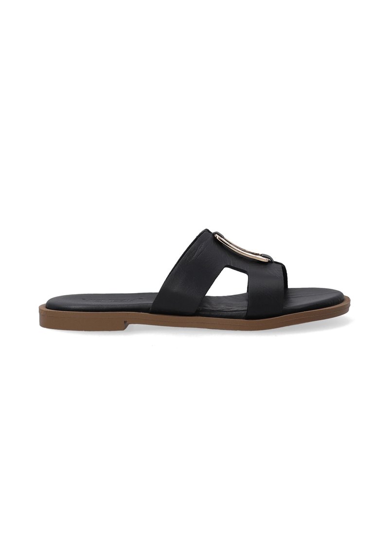 Black slide sandal made of synthetic material, featuring a minimalist design with two straps and a metallic accent. Flat, rubber sole.