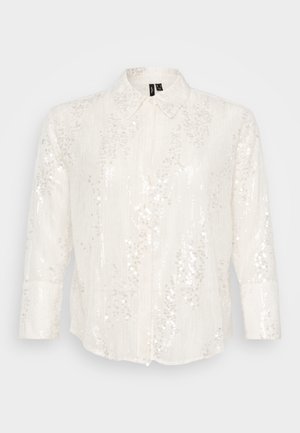 Chemise blanche à boutons avec des embellissements en sequins, manches longues, col classique et coupe décontractée.