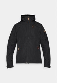 Zwarte buitenjas met capuchon, voorzien van een ritssluiting aan de voorkant en twee zijzakken. Getextureerde stof met bruine hardware accenten.