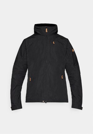 Black outdoor jacket with a hood, featuring a front zipper and two side pockets. Textured fabric with brown hardware accents.