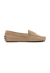 Light brown suede loafer with moccasin stitching, a penny strap detail, and rubber pebble sole for grip.