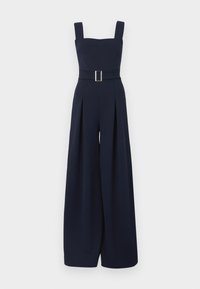 Námořnický overal se čtvercovým výstřihem, širokými nohavicemi a pasem s páskem a obdélníkovou sponou. Vyroben z hladké, strukturované látky.