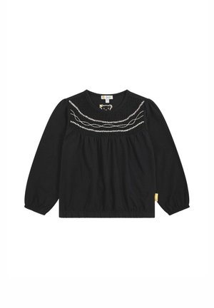 Schwarzes Langarmtop mit einem gerafften Ausschnitt, kontrastierender weißer Stickerei und elastischen Bündchen. Verfügt über ein dezentes Markenlabel an der Seite.