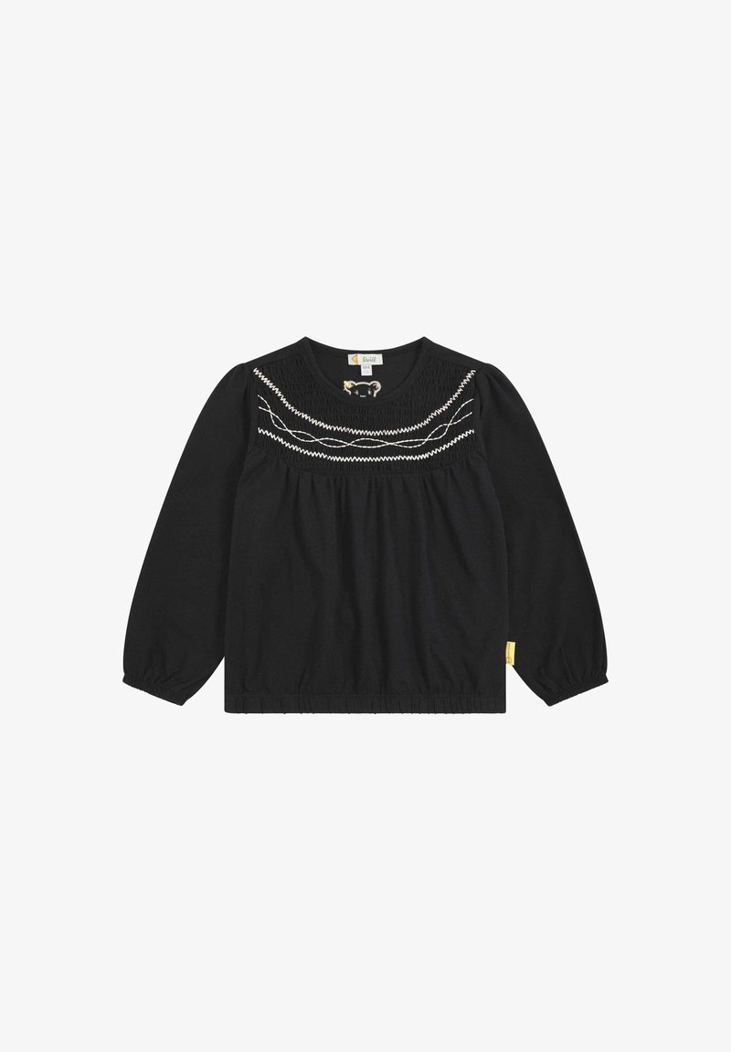 Schwarzes Langarmtop mit einem gerafften Ausschnitt, kontrastierender weißer Stickerei und elastischen Bündchen. Verfügt über ein dezentes Markenlabel an der Seite.