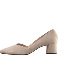 Beige Wildleder-Pumps mit Blockabsatz, spitz zulaufender Zehenpartie und mittelhohem Absatz. Mit einem V-förmigen Ausschnitt an den Seiten für ein elegantes Design.