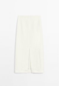 Weißer Midirock mit gerader Silhouette und Frontschlitz, gefertigt aus strukturiertem Stoff mit glatter Oberfläche.