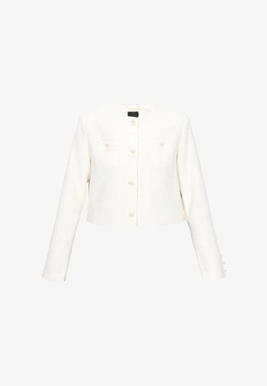 Jachetă albă scurtă cu mâneci lungi, decolteu rotund, nasturi de perle pe față și pe buzunarele de la piept, țesătură texturată.
