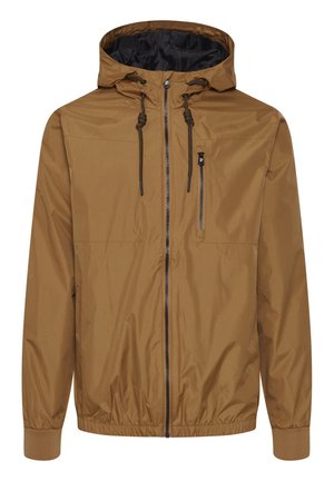 Rjav vetrovni jopič s kapuco, nastavljivimi vrvicami, sprednjim zadrgo in elastičnimi manšetami. Lahka tkanina gladke teksture.