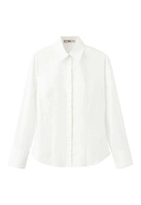 Weißes langärmeliges Hemd aus glattem Stoff, mit klassischem Kragen, durchgehender Knopfleiste vorne und tailliertem Schnitt mit knöpfbaren Manschetten.
