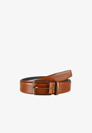 Brown leather belt with silver rectangular buckle, rolled up on white background.
