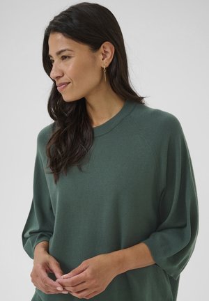 Grüner Strickpullover mit runder Halslinie und Raglanärmeln, mit einer weichen Textur und lässiger Passform, getragen von einer Person mit langen Haaren.
