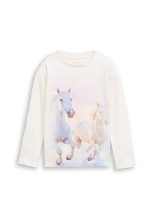 Wit overhemd met lange mouwen met een afbeelding van twee witte paarden die vooraan door het water rennen.