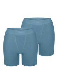 Två par blå, medellånga kalsonger i boxerstil med en mjuk textur och elastiska midjeband. Tyget verkar mjukt och lätt.