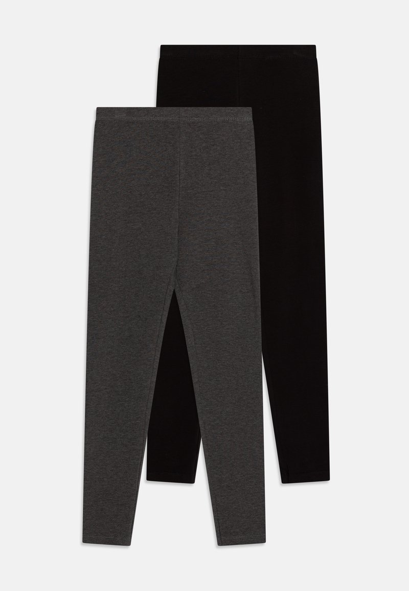 Twee paar leggings: één zwart en één donkergrijs. Beide hebben een gladde textuur en elastische taillebanden, ontworpen voor comfort en bewegingsvrijheid.