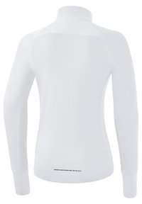 Witte lange mouwen sportshirt, met een hoge kraag, een gladde textuur, contrasterende grijze horizontale lijnaccenten aan de achterkant van de onderrand en rekbare stof.