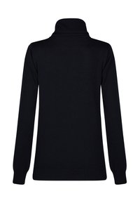 Schwarzer Rollkragenpullover mit langen Ärmeln, aus glattem Stoff gefertigt, mit geripptem Saum und Bündchen, schlichtes Design ohne Muster oder Verzierungen.