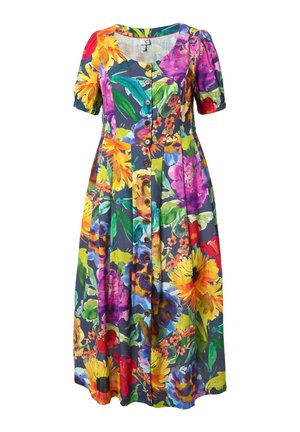 Mekko, jossa on napit edessä, polvipituinen, lyhyet liehutushihat ja monivärinen suuri kukkakuvio tummalla pohjalla.