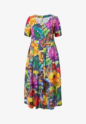 Midi-Kleid mit Knopfleiste vorne, kurzen Puffärmeln und großem, mehrfarbigem Blumenmuster auf dunklem Hintergrund.