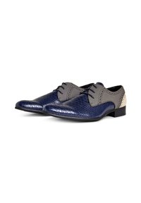 Marineblauwe dresschoenen met een krokodillenpatroon, grijze suède accenten en geperforeerde details. Heeft een ronde neus en een platte zool.