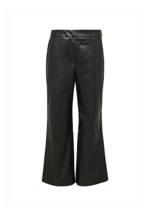 Schwarze Leder-Hosen mit weitem Bein, glatter Textur, taillierter Passform und ausgestelltem Saum, ohne sichtbare Beschläge oder Verzierungen.