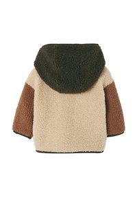 Fleecejacke mit Kapuze, in beigeem Körper, grünem Kapuzenbereich und braunen Ärmeln. Weiche Textur und kontrastierende Farbkombinationen.