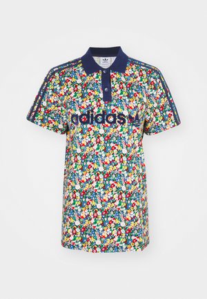 Poloshirt met bloemenpatroon en een marineblauwe kraag, korte mouwen en een drieknoopsluiting. Met blauw adidas logo en strepen.
