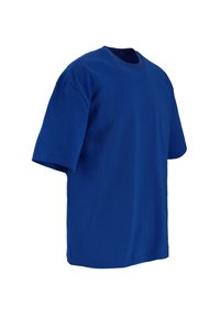 Blaue kurzärmlige T-Shirt aus Baumwolle, mit Rundhalsausschnitt, lässiger Passform und glatter Textur ohne sichtbare Muster oder Akzente.