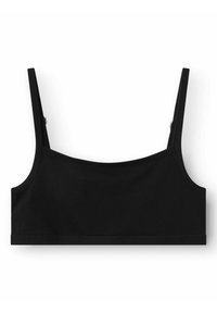 Must have õhuke rihmadega must crop top, valmistatud pehmest puuvillasegistist. Omab ümmargust kaelust ja sujuvat äärt allosaks, tagamaks mugava istuvuse.