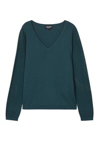 Maglione lungo a maniche lunghe in teal con scollo a V. Corpo in tinta unita e dettagli in rete sulle maniche. Tessuto testurizzato con polsini e orlo a costine. Taglia S.