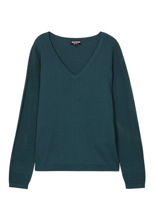 Teal long-sleeve sweater with a V-neck. Solid body and mesh detailing on sleeves. Textured fabric with ribbed cuffs and hem. Size S.