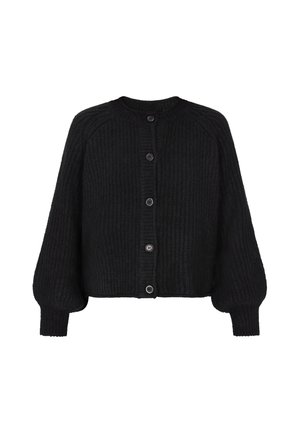Fekete kötött kardigán kerek nyakkivágással, hosszú ballon ujjakkal és hat gombbal, amely elöl záródik. Bordás textúrával.