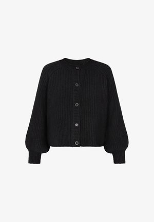 Schwarze Strickjacke mit rundem Ausschnitt, langen Ballonärmeln und sechs Knöpfen vorne. Rippstruktur überall.