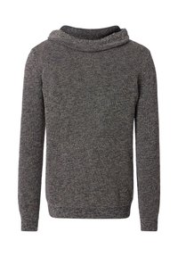 Pullover mit Wasserfallausschnitt, aus strukturiertem Strickstoff in Dunkelgrau mit dezenten hellen Farbtupfern, mit langen Ärmeln und gerippten Bündchen.