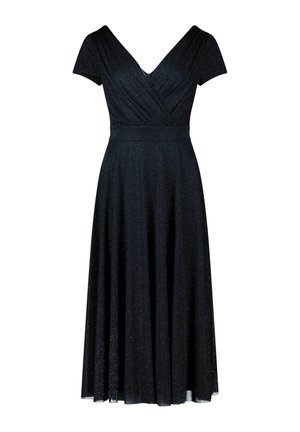 Black dress with short sleeves, V-neck, gathered bodice, and flared skirt. Made of sparkly material, offers a smooth, textured look.