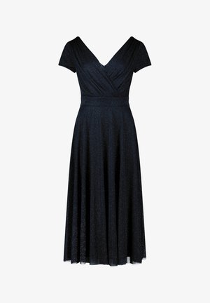 Robe noire à manches courtes, décolleté en V, corsage froncé et jupe évasée. Fabriquée en matériau scintillant, elle offre un aspect lisse et texturé.