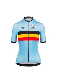 Maillot de cyclisme bleu clair avec une fermeture éclair sur le devant, présentant des bandes horizontales noires, rouges et jaunes, un logo au centre et des manches courtes.