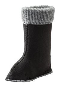 Black soft boot made from felt material with a gray knitted cuff. Features detailed stitching along the side and a rounded toe design.