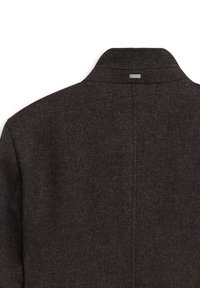 Ciemna kurtka z mieszanki wełny z teksturowanym wykończeniem, rygorystycznym kołnierzem i czystymi liniami. Metka umiejscowiona na tylnej stronie kołnierza z subtelnym logo.