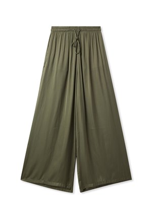 Pantaloni a gamba larga verde oliva, realizzati in un tessuto morbido e leggero, con una vita elastica e un cordoncino esterno per una vestibilità regolabile.
