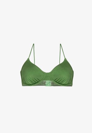 Haut de bikini vert rembourré avec des bretelles fines ajustables, tissu texturé et fermeture en plastique au centre. Surface lisse et design sans couture.