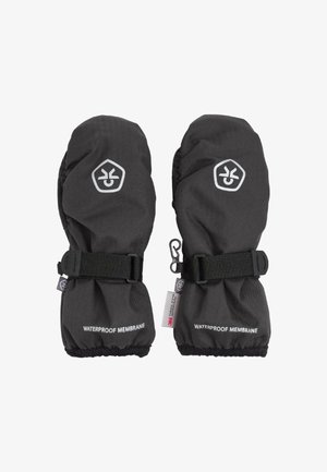 Melni ūdensizturīgi cimdi ar elastīgu aproci, regulējamu siksniņu un baltu druku ar logotipu un tekstu, kas uzsver ūdensizturīgās īpašības.