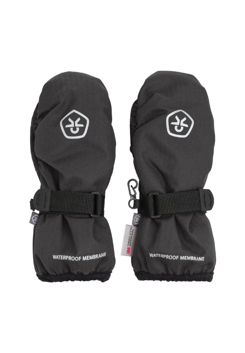 Svarta vattentäta vantar med elastiskt manschett, justerbart spänne och vitt tryckt logotyp och text som framhäver vattentäta egenskaper.
