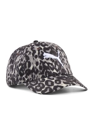 Sort og grå leopardprint baseballkasket med buet skygge og hvid Puma-logo på frontpanelet.