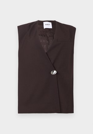 Brown sleeveless blazer with a wrap design, single silver button closure, and a subtle logo-patterned interior lining. Simple pocket detail.