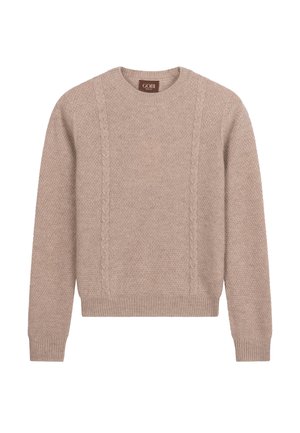 Pull en maille beige avec des rayures verticales en torsades, poignets, ourlet et encolure ronde côtelés, étiqueté "GOBI Organic".