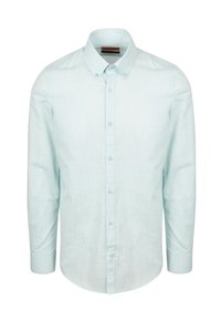 Lichtblauw lange mouwen button-up shirt gemaakt van textuurstof. Kenmerkt een klassiek kraag en knoopsluiting aan de voorkant.