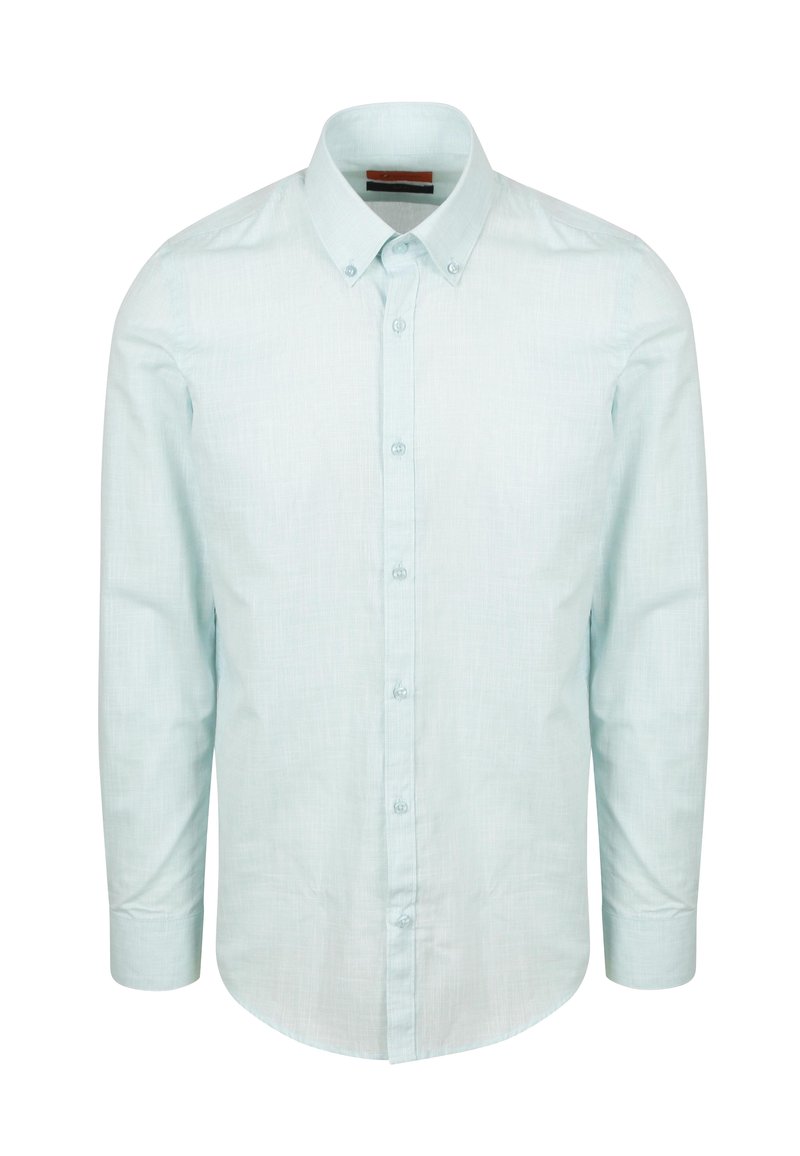Lichtblauw lange mouwen button-up shirt gemaakt van textuurstof. Kenmerkt een klassiek kraag en knoopsluiting aan de voorkant.